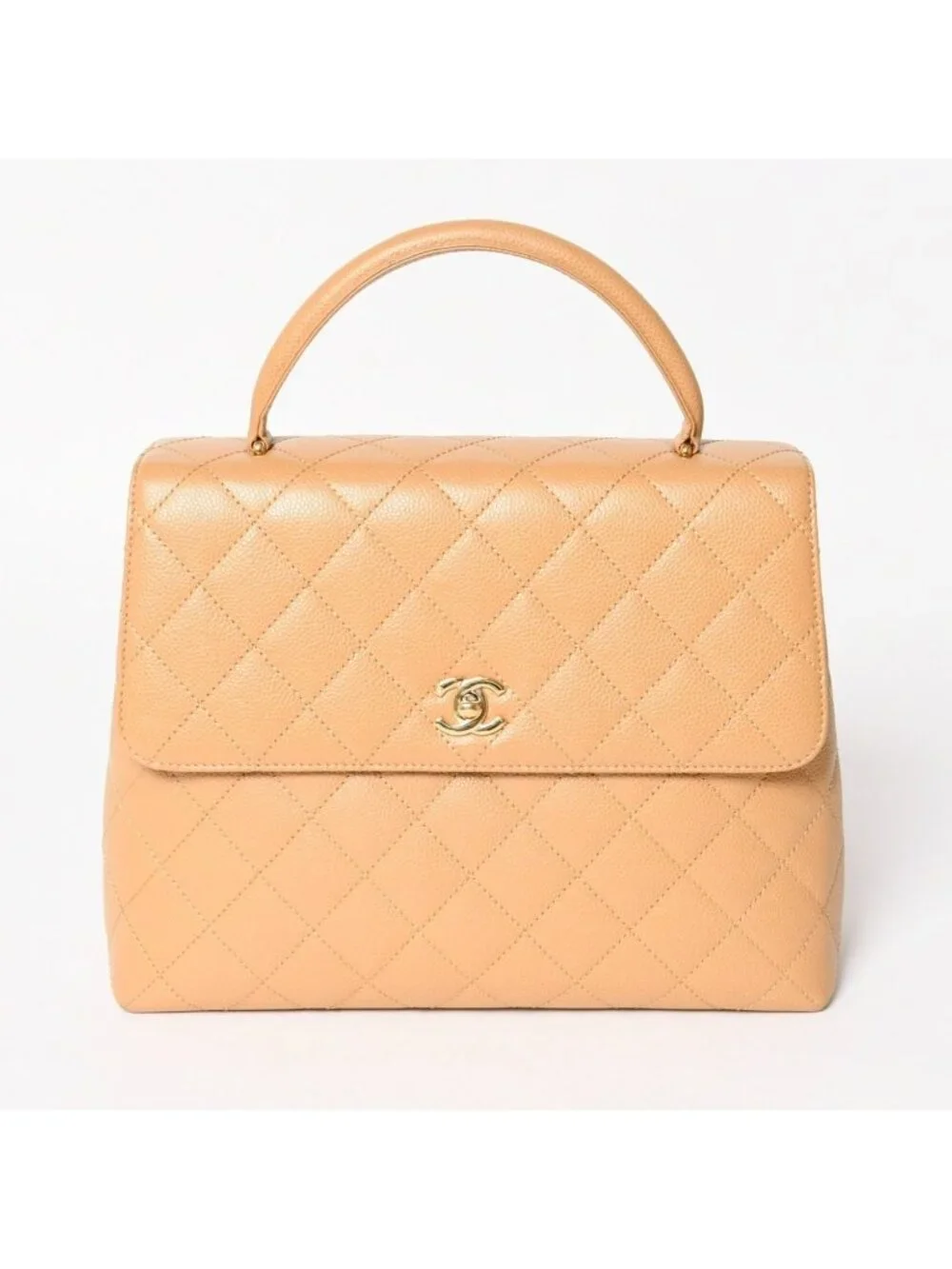 Chanel Top Handle Bag Handbag CC Logo Quilted Caviar Leather Beige Gold
